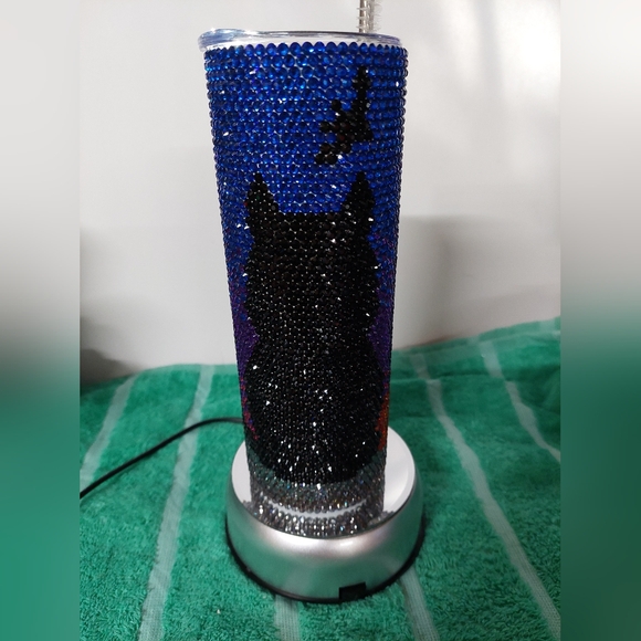 Handmade Black Cat & Bats Rhinestone Tumbler Bling Stainless Steel 20oz